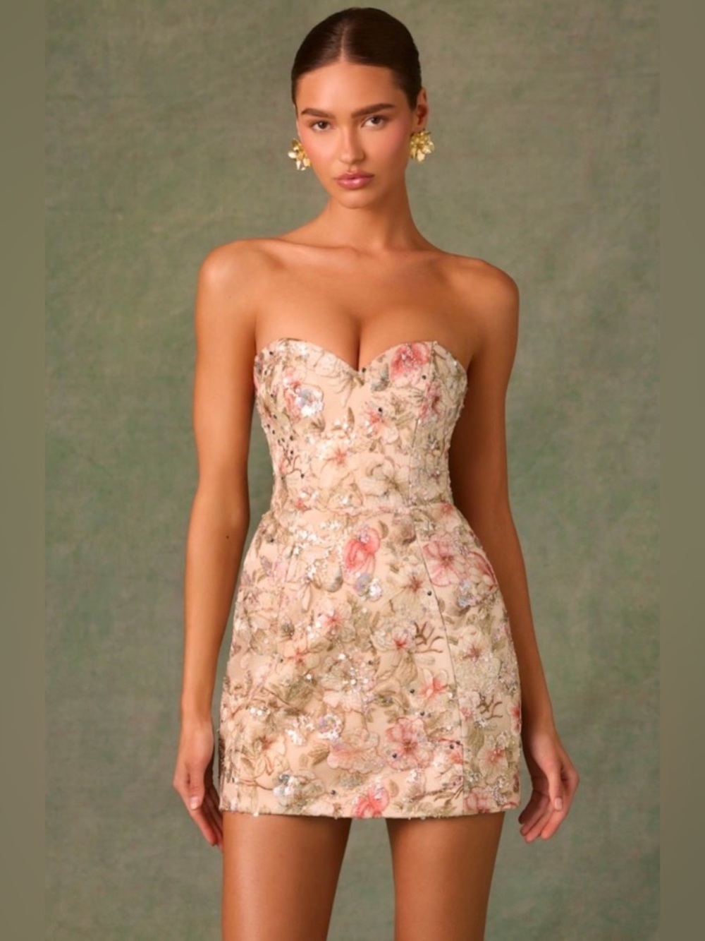 Oh Polly “Dahlia” Beige Floral Embellished Strapless A-line Mini Dress